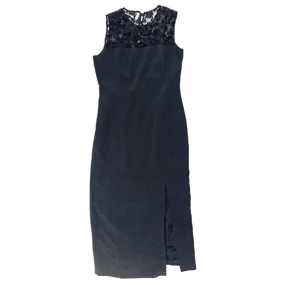 Pat Argenti Black Evening Wear Dress 12 Sheer Floral Velvet Yoke Slit Sheath